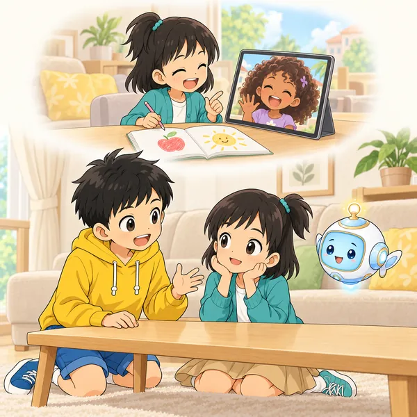 ハルが、ミオが海外のいとこと話すために練習していたことを思い出して話している。