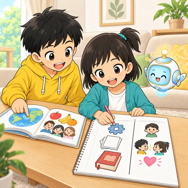 ミオがノートを2つの列に分けて、作業をかき分けている。