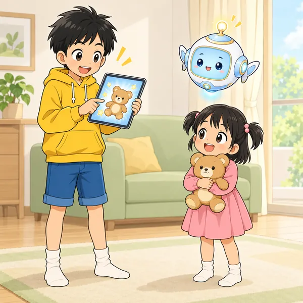 ハルが、妹のくまのぬいぐるみの名前をAIで決めようとしている。