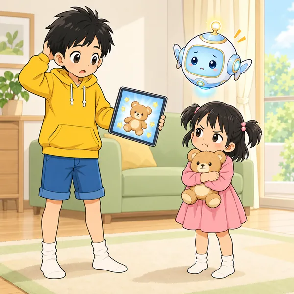 妹が、ぬいぐるみをだいてむすっとしている。