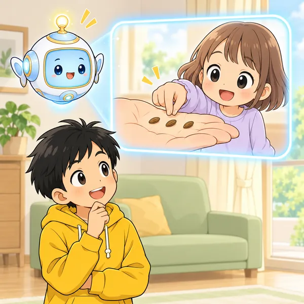 AIロボットが、三つの種から女の子が自分でえらぶ絵を見せている。