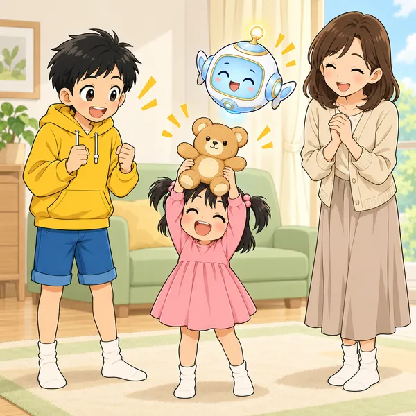 妹が、自分で名前をつけたぬいぐるみをかかげて笑っている。
