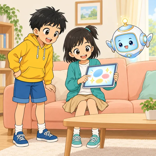ミオが、ねこの居場所をAIに聞いて答えが返ってきたと得意そうにしている。