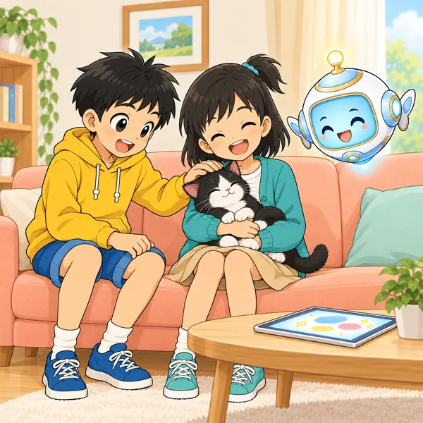 ミオがねこをだっこして笑い、ハルがなでている。
