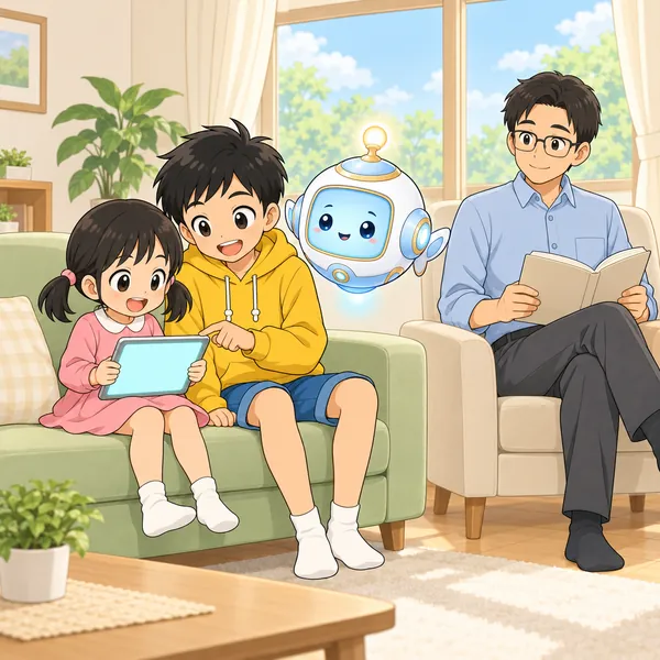 ハルが、妹がAIで家族のカードを作るのを手伝おうとしている。