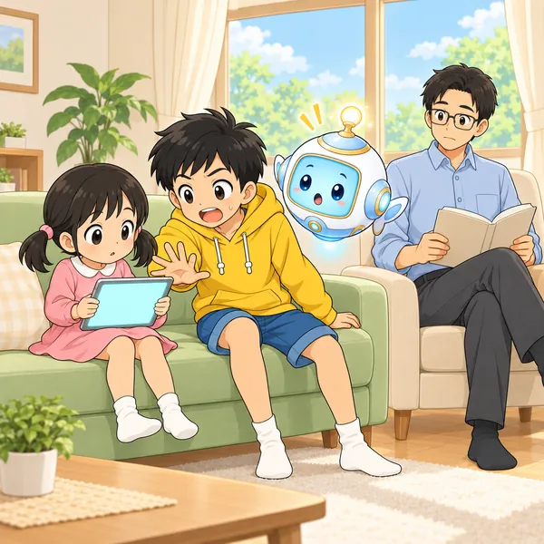 ハルがあわてて妹のタブレットを止めようとしている。
