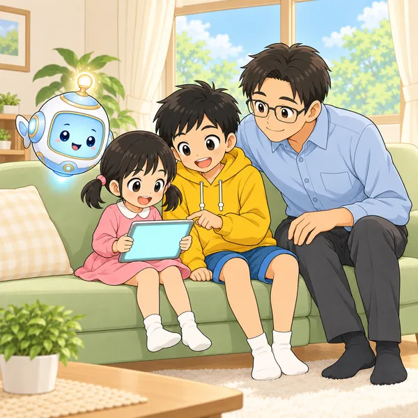 妹が笑い、ハルと父がタブレットをのぞいている。