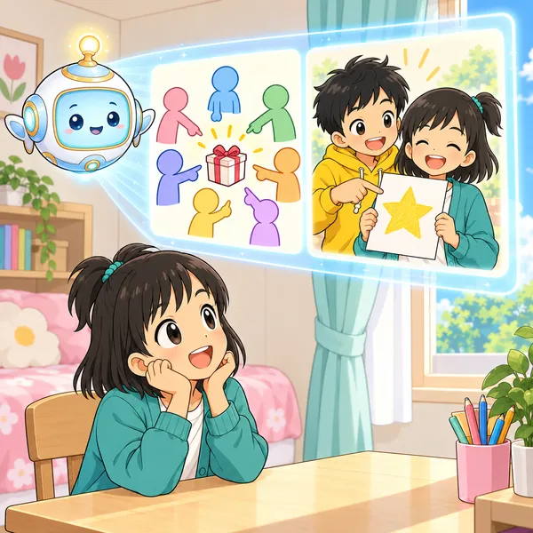 AIロボットが、みんなの人気と、ミオとハルの思い出の絵を見せている。