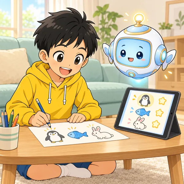 ハルが、AIで作った生き物クイズを紙に書き写している。