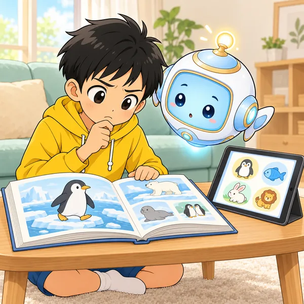 ハルが、図鑑を見て答えのまちがいに気づいている。
