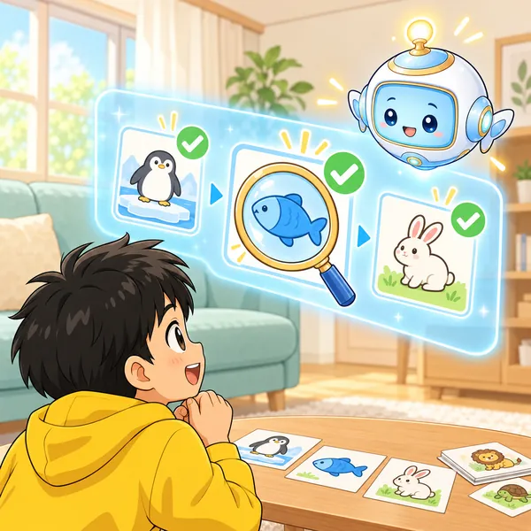 AIロボットが、クイズを一枚ずつ確かめる絵を見せている。