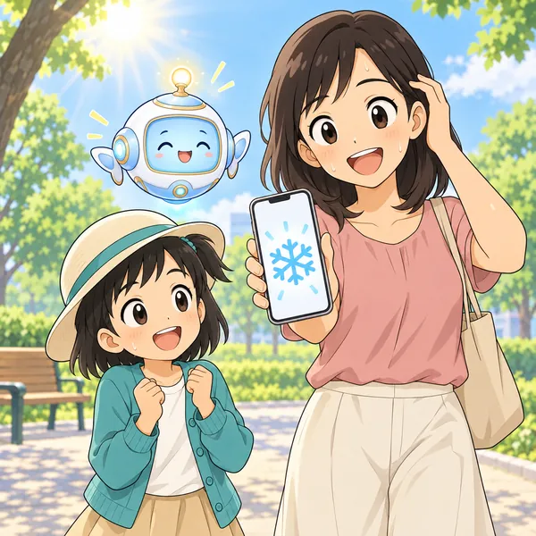 暑い日の公園で、ミオとお母さんがスマートフォンのエアコンのアイコンを見ている。