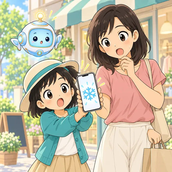 買い物に出かけた先で、エアコンがつけっぱなしなのにミオが気づいている。