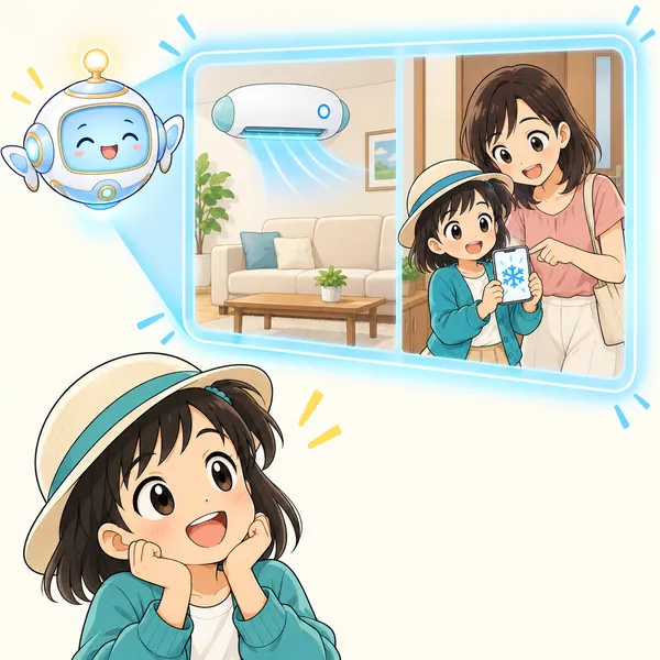 AIロボットが、だれもいない部屋で動き続けるエアコンと、出かける前に確かめる絵を窓に見せている。