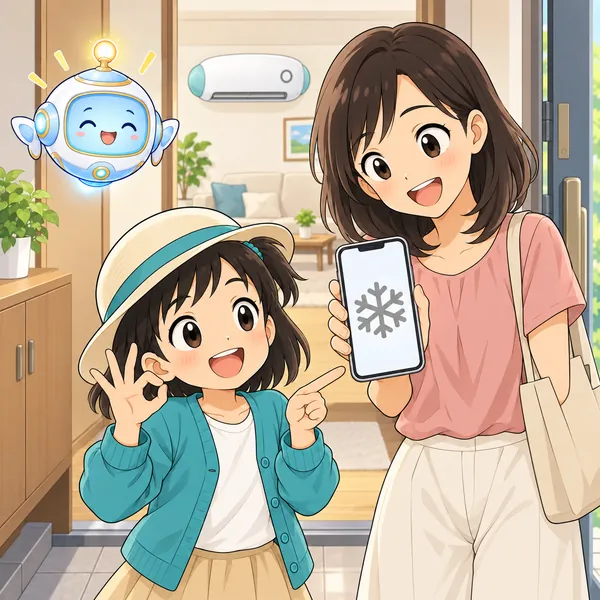 玄関で、ミオとお母さんがスマートフォンでエアコンが止まっているのを確かめている。
