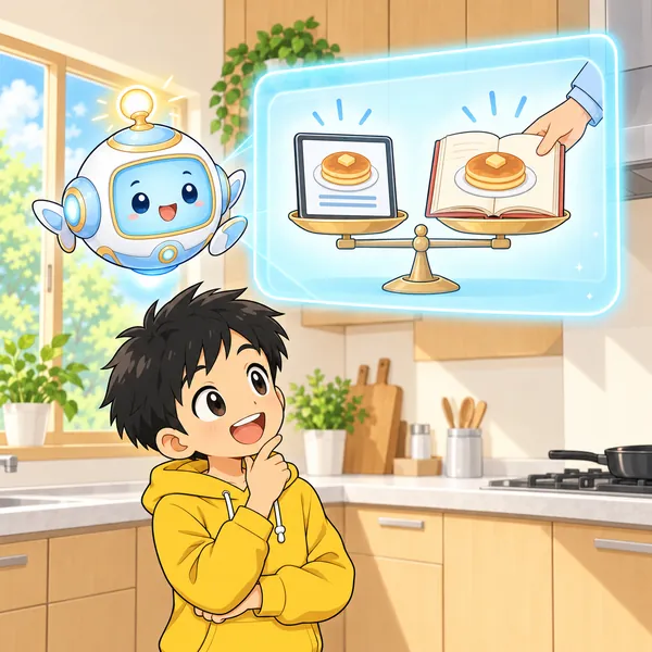 AIロボットが、レシピと料理の本をくらべる絵を見せている。