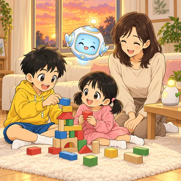 ハルと妹が積み木で遊び、母がほほえんでいる。