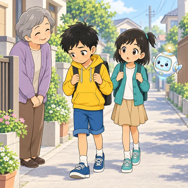 登校中。ハルが近所の人とすれちがうが、目をそらしている