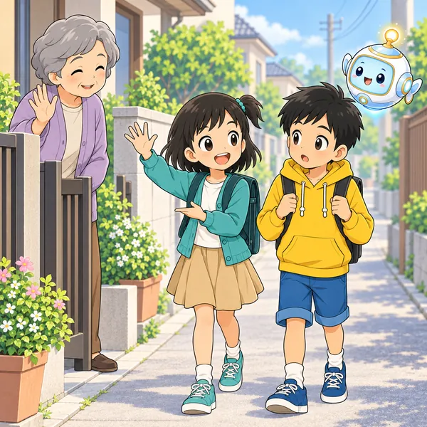 ミオが、毎日会っている人だと話しながらあいさつしている