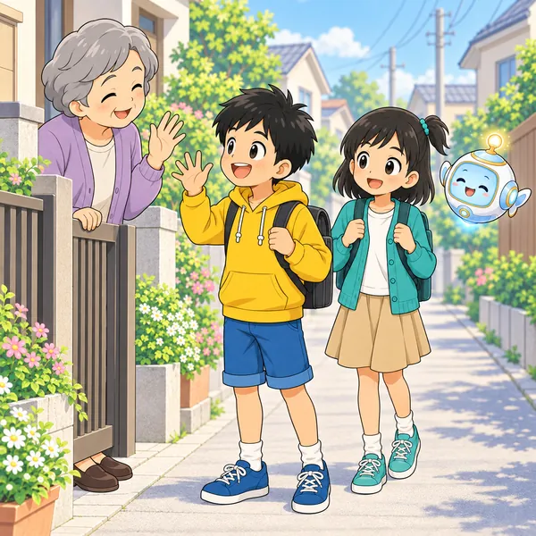 ハルが自分からあいさつをして、相手が笑顔で返している