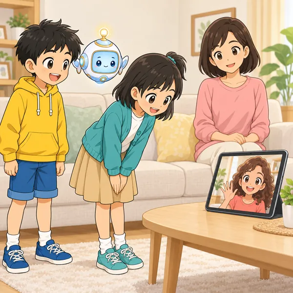 ビデオ通話で、ミオがおじぎをし、画面のいとこを見ている。