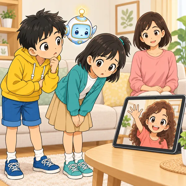画面のいとこが手を振っていて、ミオがとまどっている。