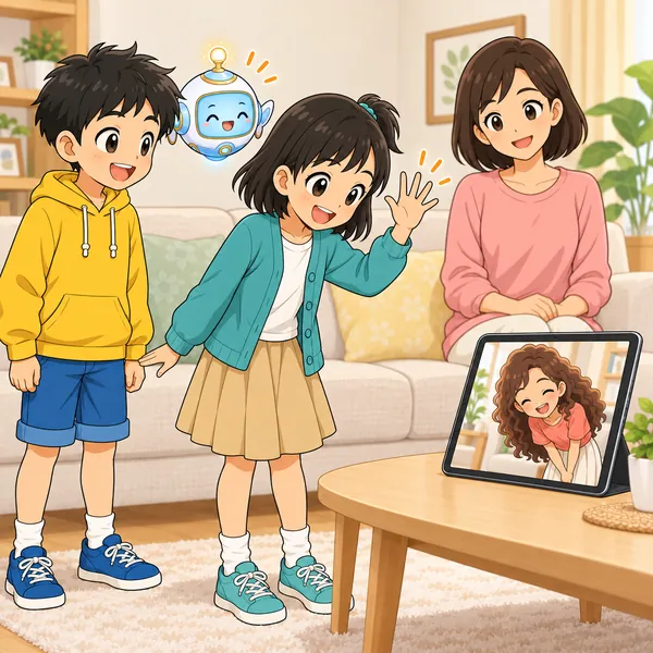 ミオが手を振り、いとこがおじぎをまねして、2人で笑っている。