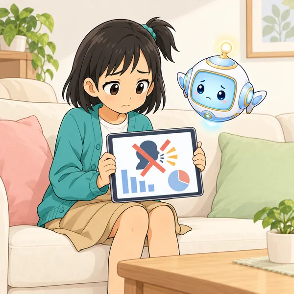 ミオが、話す仕事にバツがついた診断の画面を見て、がっかりしている。