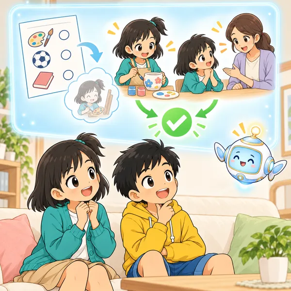 AIロボットが、予想と、やってみることと、人に聞くことを合わせて確かめる絵を窓に見せている。