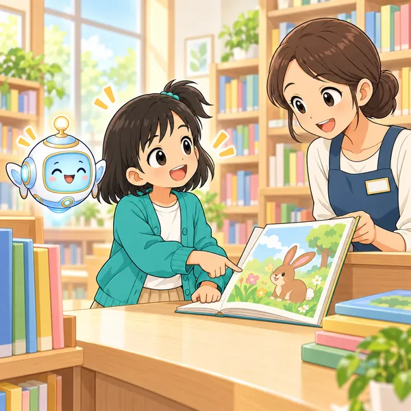 ミオが図書館の人に、読み聞かせのお手伝いを申し出ている。