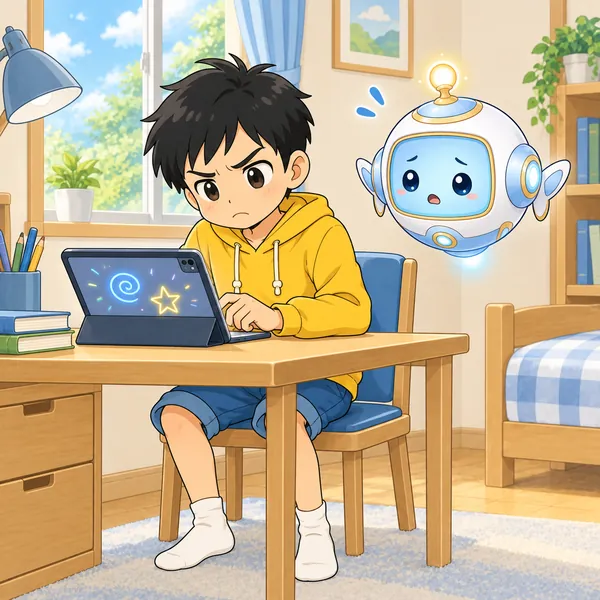 けんかのあと、ハルがむすっとした顔でタブレットに打ちこんでいる。