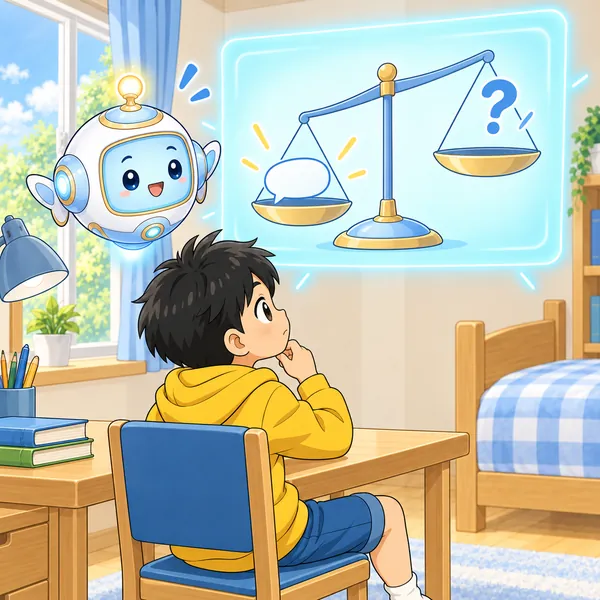 AIロボットが、片方のお皿にだけ話がのった天びんの絵を見せている。