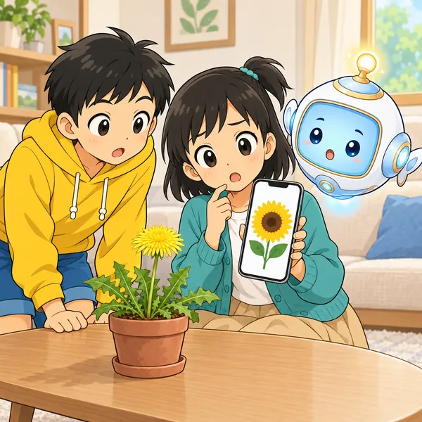 リビングで、ミオがたんぽぽをとると、アプリがひまわりのマークを出してきょとんとしている。