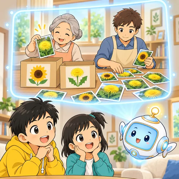 エプロンの女性と若い男性が花の写真を箱に分け、ひまわりの箱のたんぽぽを取り出している。