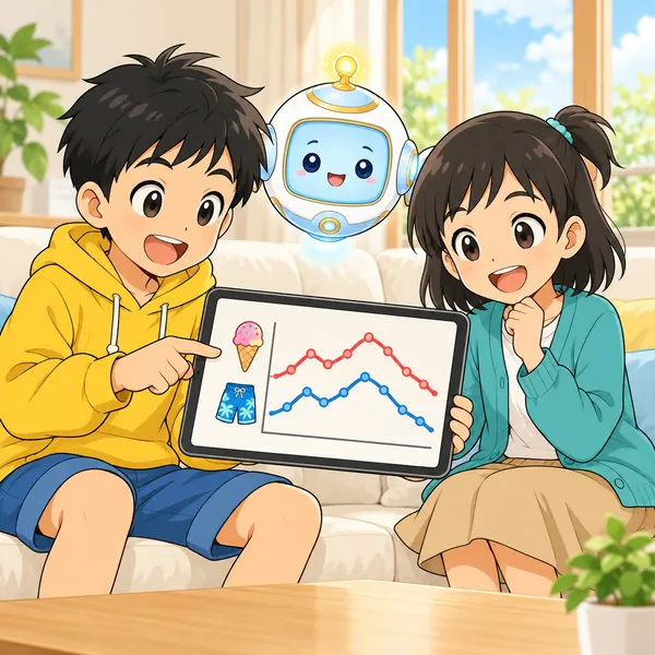 夏のリビングで、アイスと水着の線がいっしょに上がり下がりするグラフを、ハルとミオが見ている。