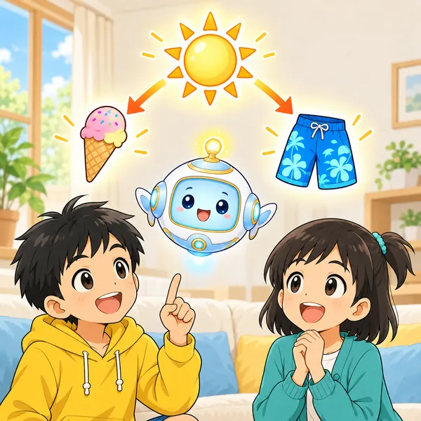 AIロボットが、太陽からアイスと水着の両方に矢印がのびる絵をうかべている。