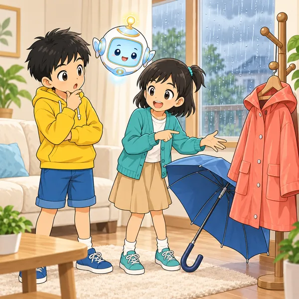 雨の日、かさとレインコートを見ながらハルとミオが話し合っている。