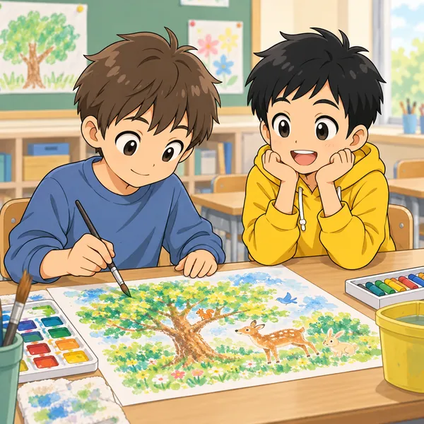 図工の時間。とても絵のうまい男の子が、自分の世界に入って黙々と描いている
