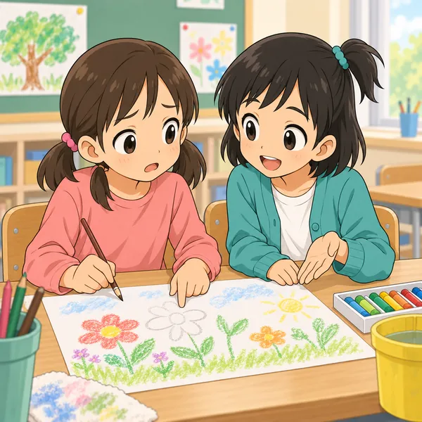 ミオが、絵の苦手な女の子のとなりで、その子が何に困っているかを聞いて、一緒に考えている