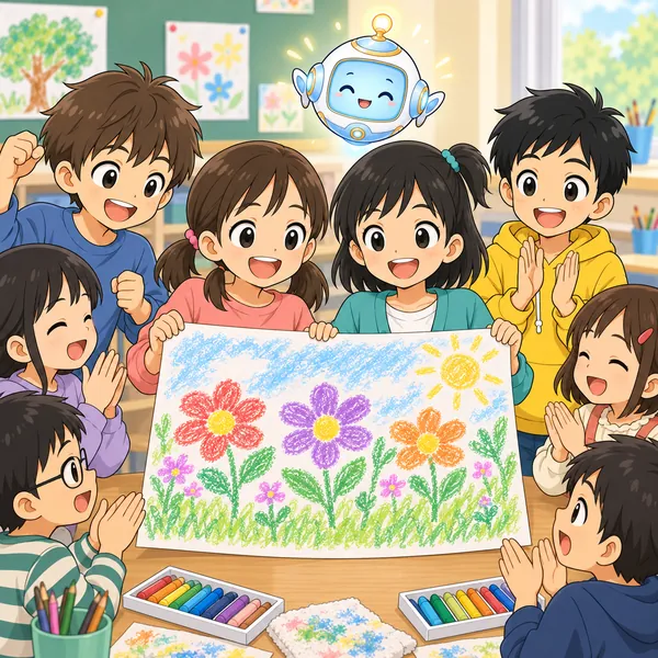 完成した共同作品を、クラスのみんなで囲んで喜んでいる