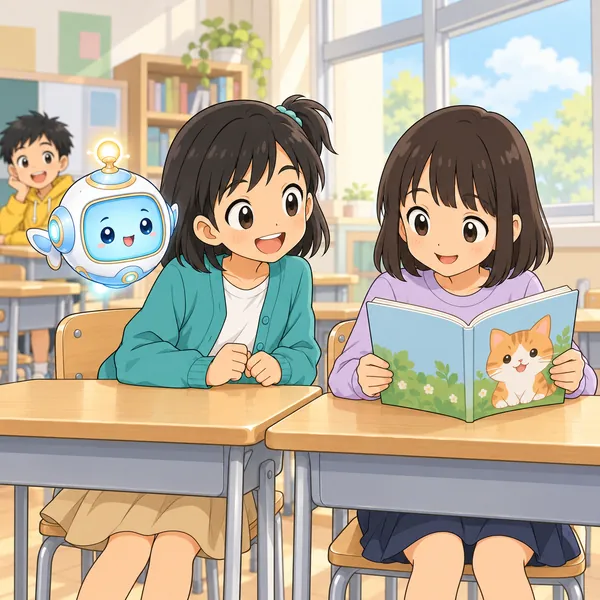 休み時間、ミオが、ねこの本を読むとなりの子に話しかけようとしている。