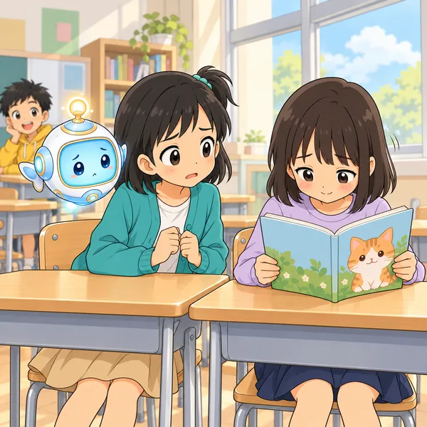 となりの子が小さくうなずいただけで、ミオが不安そうにしている。
