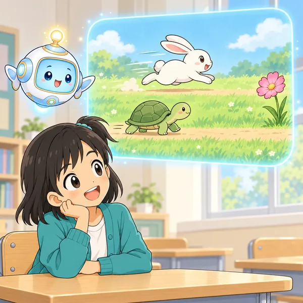 AIロボットが、うさぎとかめが同じ花に向かう絵を見せている。