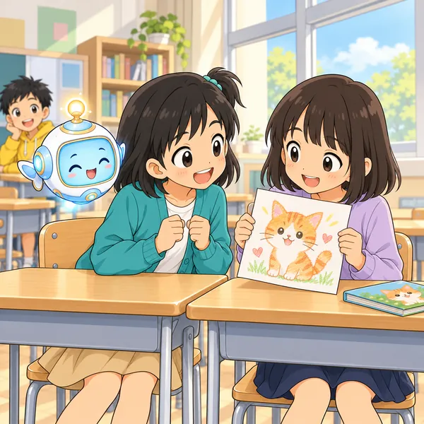 次の日、となりの子がねこの絵を持って、ミオに話しかけている。