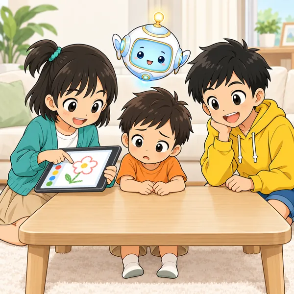 ミオが弟からタブレットを取って自分で操作し、弟はつまらなそうにしている。