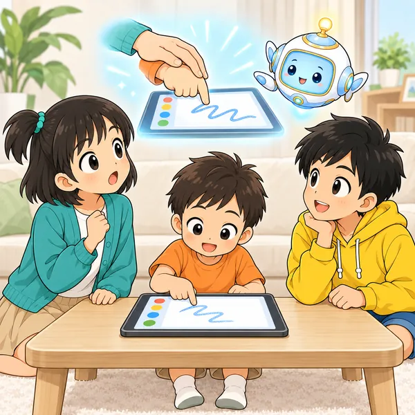 AIロボットが、小さな手に大きな手をそえる絵をうかべ、ミオがはっとしている。