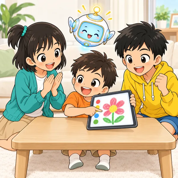 弟が自分でタブレットに花の絵を描いてミオに見せ、ミオが拍手している。