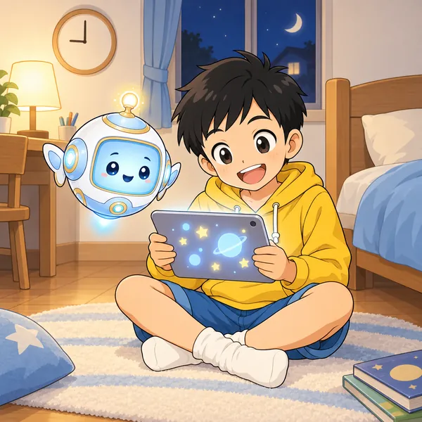 ハルが、夜の部屋でAIとしりとりをして笑っている。