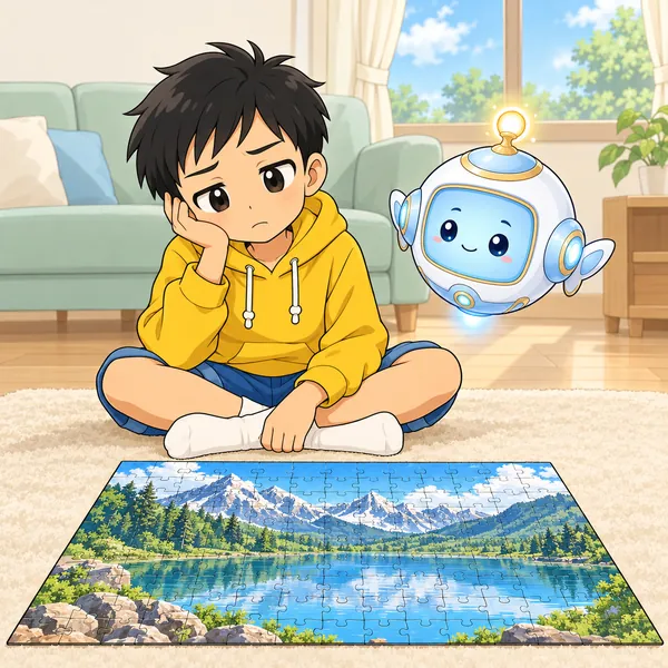 ハルが完成したパズルの前で、つまらなそうにほおづえをついている。