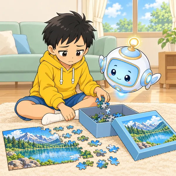 ハルがパズルを箱にかたづけかけてしょんぼりしている。